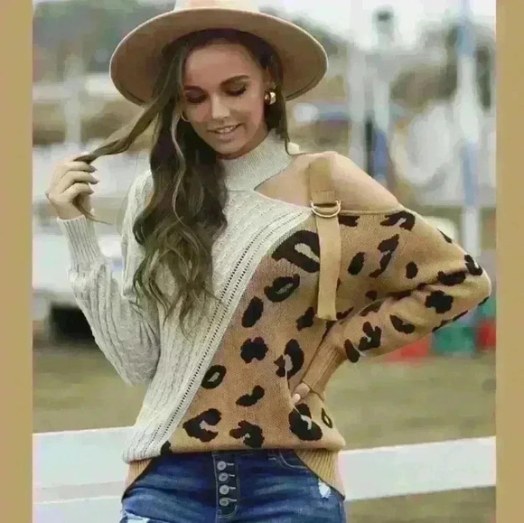 AMAZON | Women's Gray/Tan  Two-Toned Long Sleeved Cold Shoulder Sweater - Picture 1 of 6